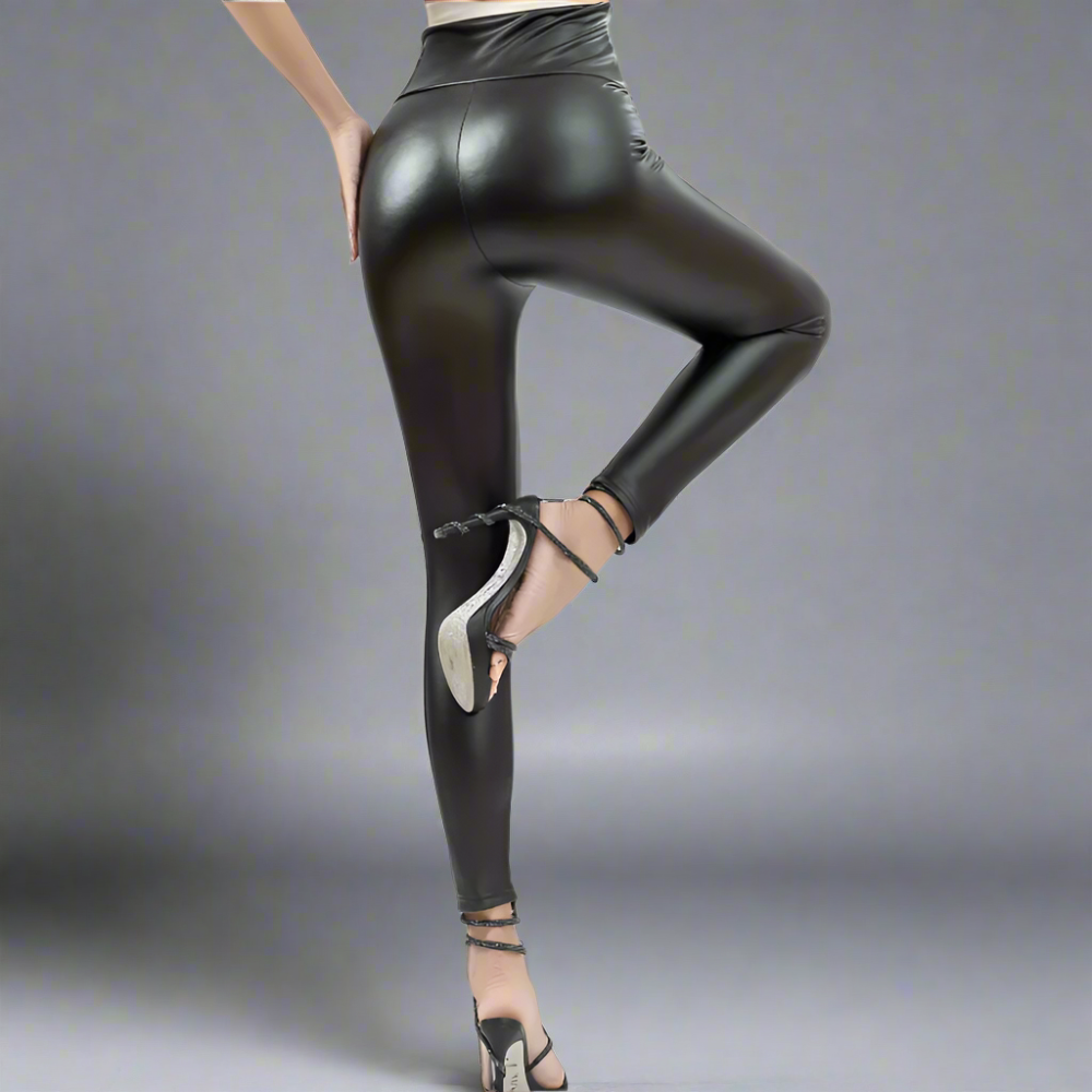 Fleece Lined Vegan Leather Yoga Leggings with High Waist for Winter