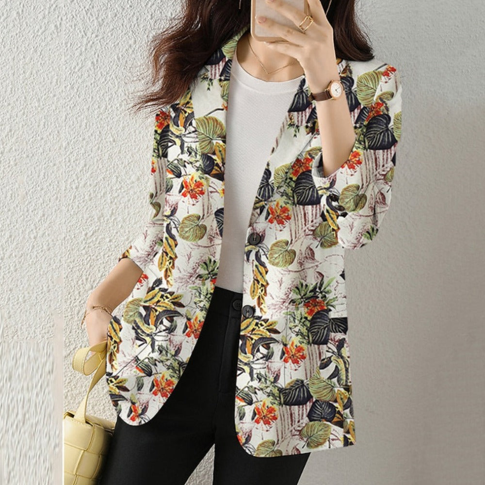 Floral Long Sleeve Blazer with Double Buttons for Women