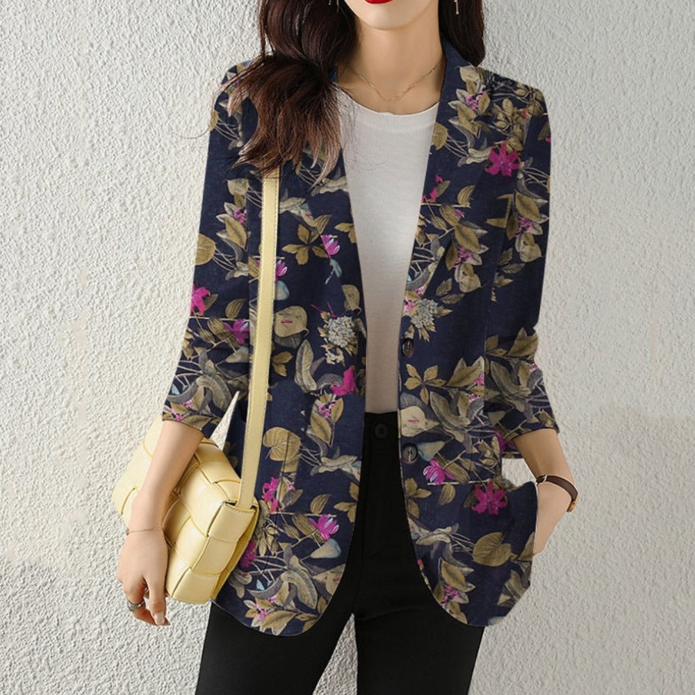 Floral Long Sleeve Blazer with Double Buttons for Women