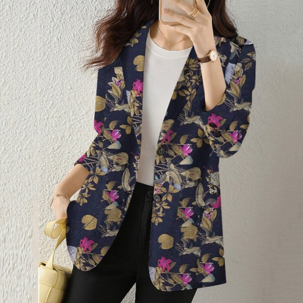 Floral Long Sleeve Blazer with Double Buttons for Women