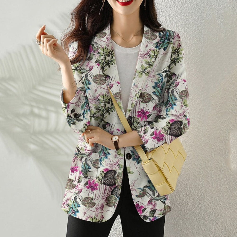 Floral Long Sleeve Blazer with Double Buttons for Women
