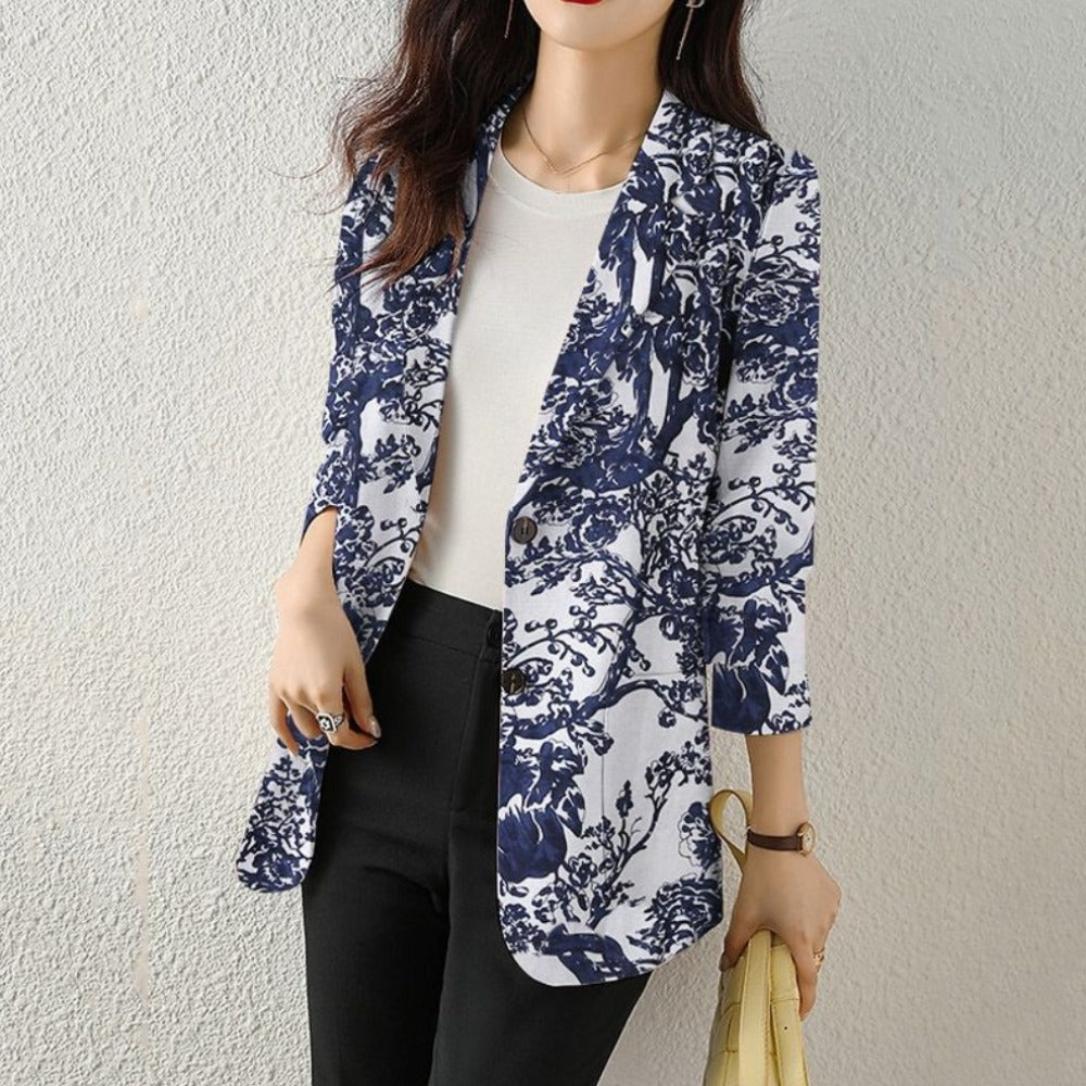 Floral Long Sleeve Blazer with Double Buttons for Women