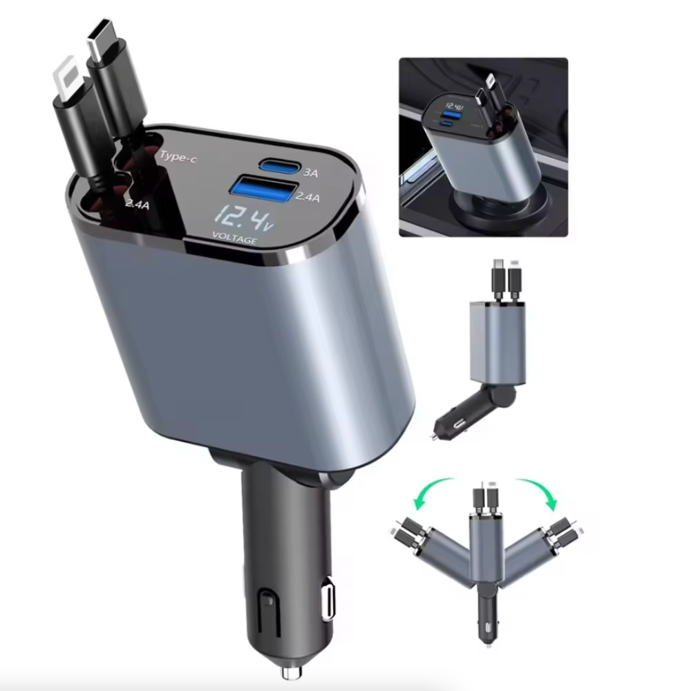 Retractable Car Charger with 120W Fast Charging and 4-in-1 Compatibility