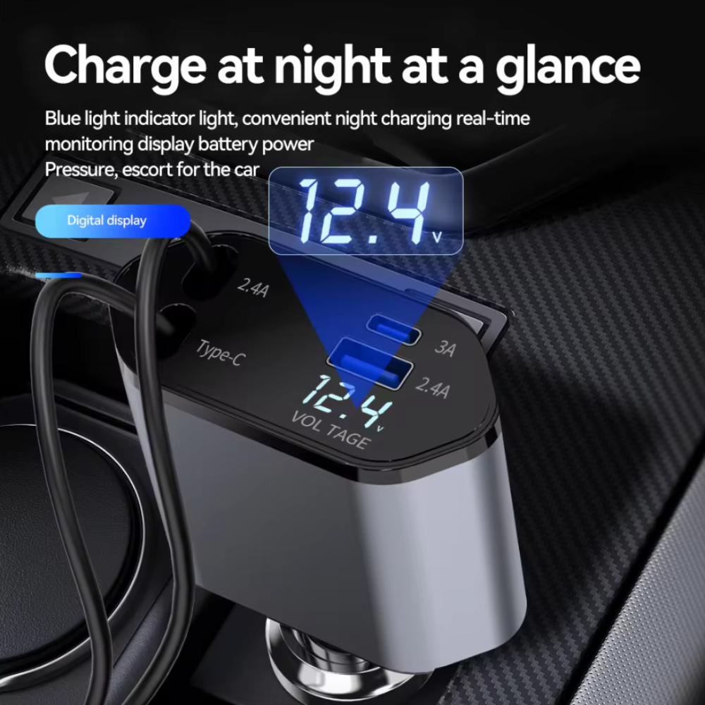 Retractable Car Charger with 120W Fast Charging and 4-in-1 Compatibility