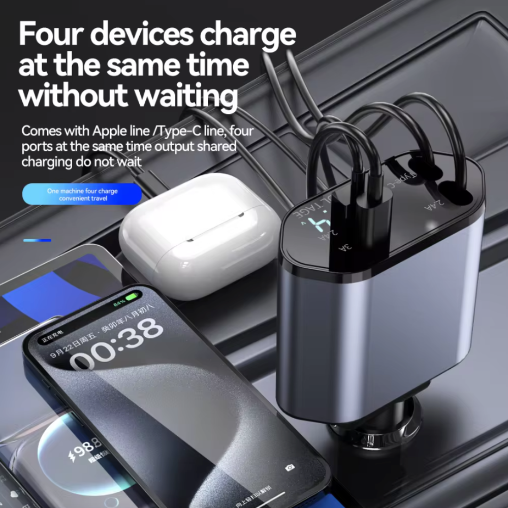 Retractable Car Charger with 120W Fast Charging and 4-in-1 Compatibility