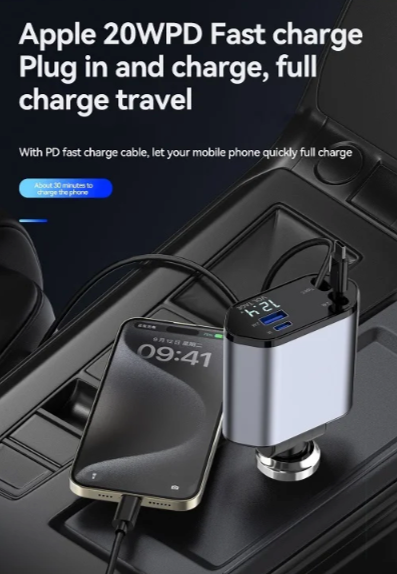 Retractable Car Charger with 120W Fast Charging and 4-in-1 Compatibility