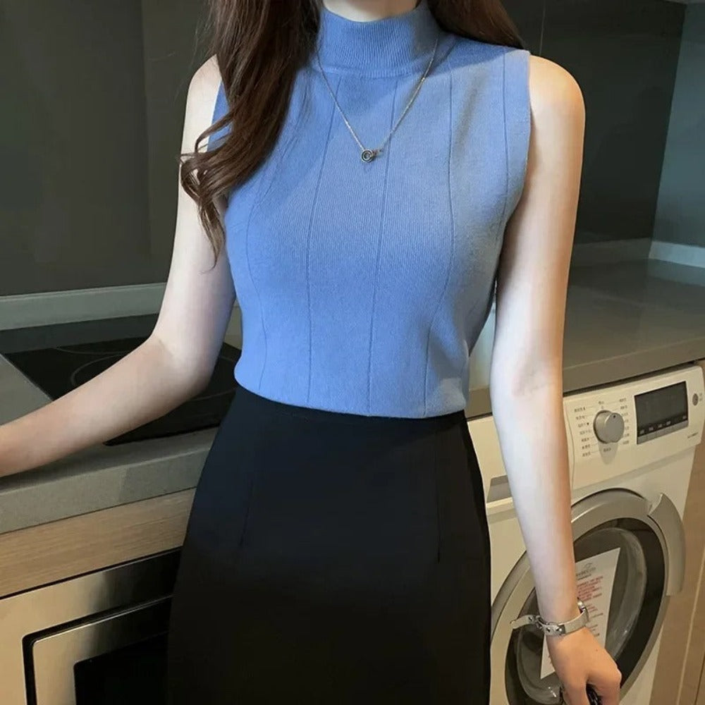 Korean Style Sleeveless Top for Women with High Collar