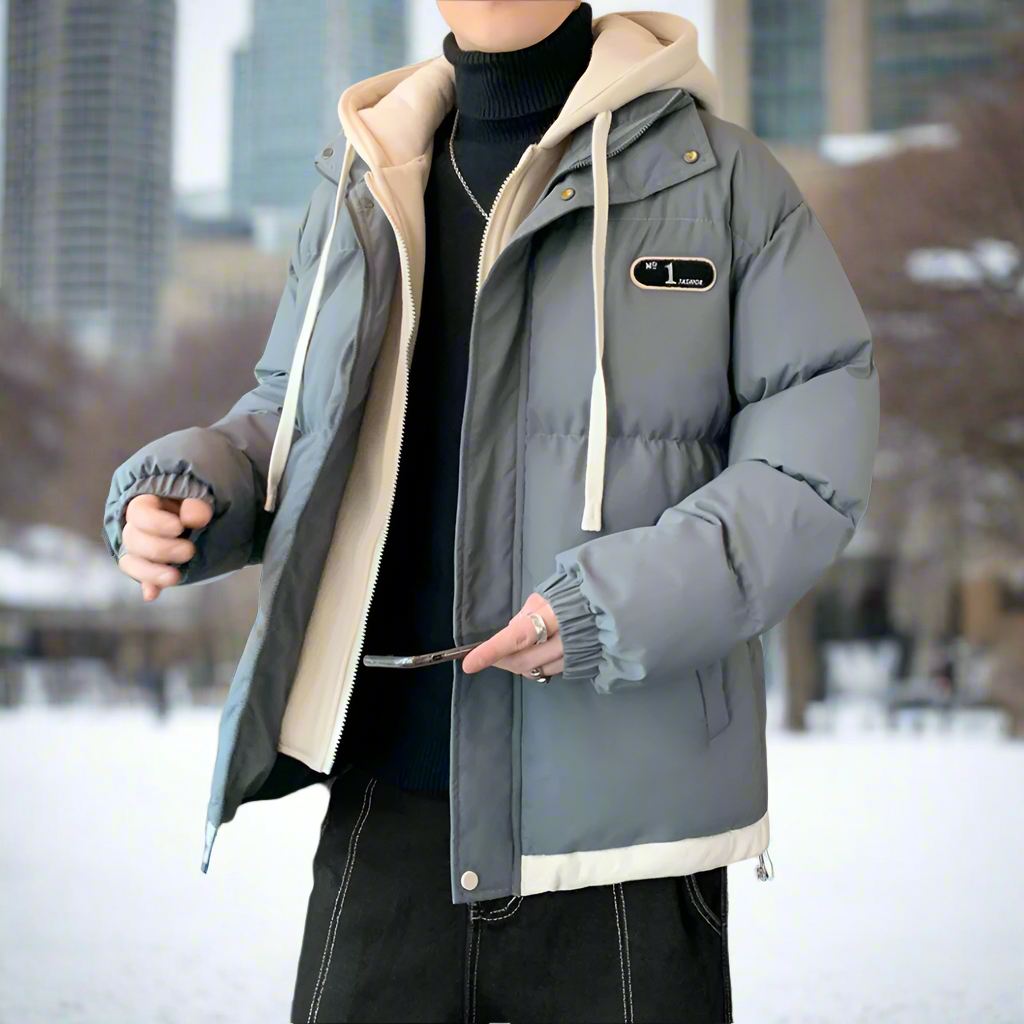 Layered Appearance Men's Hooded Puffer Jacket