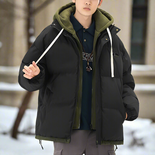 Layered Appearance Men's Hooded Puffer Jacket