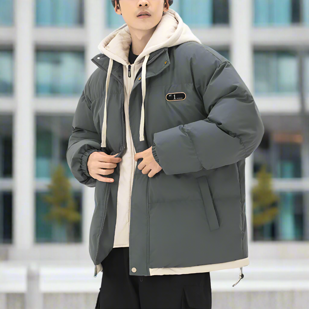 Layered Appearance Men's Hooded Puffer Jacket