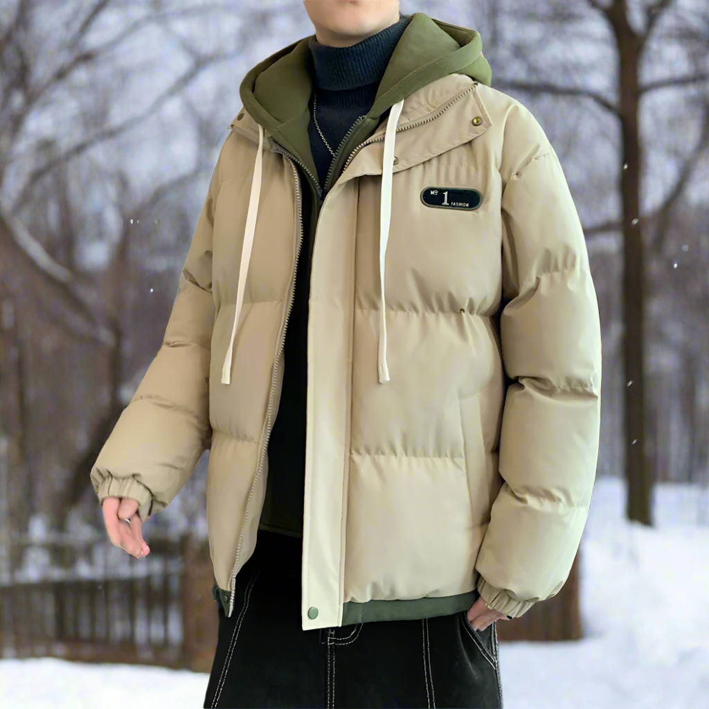 Layered Appearance Men's Hooded Puffer Jacket