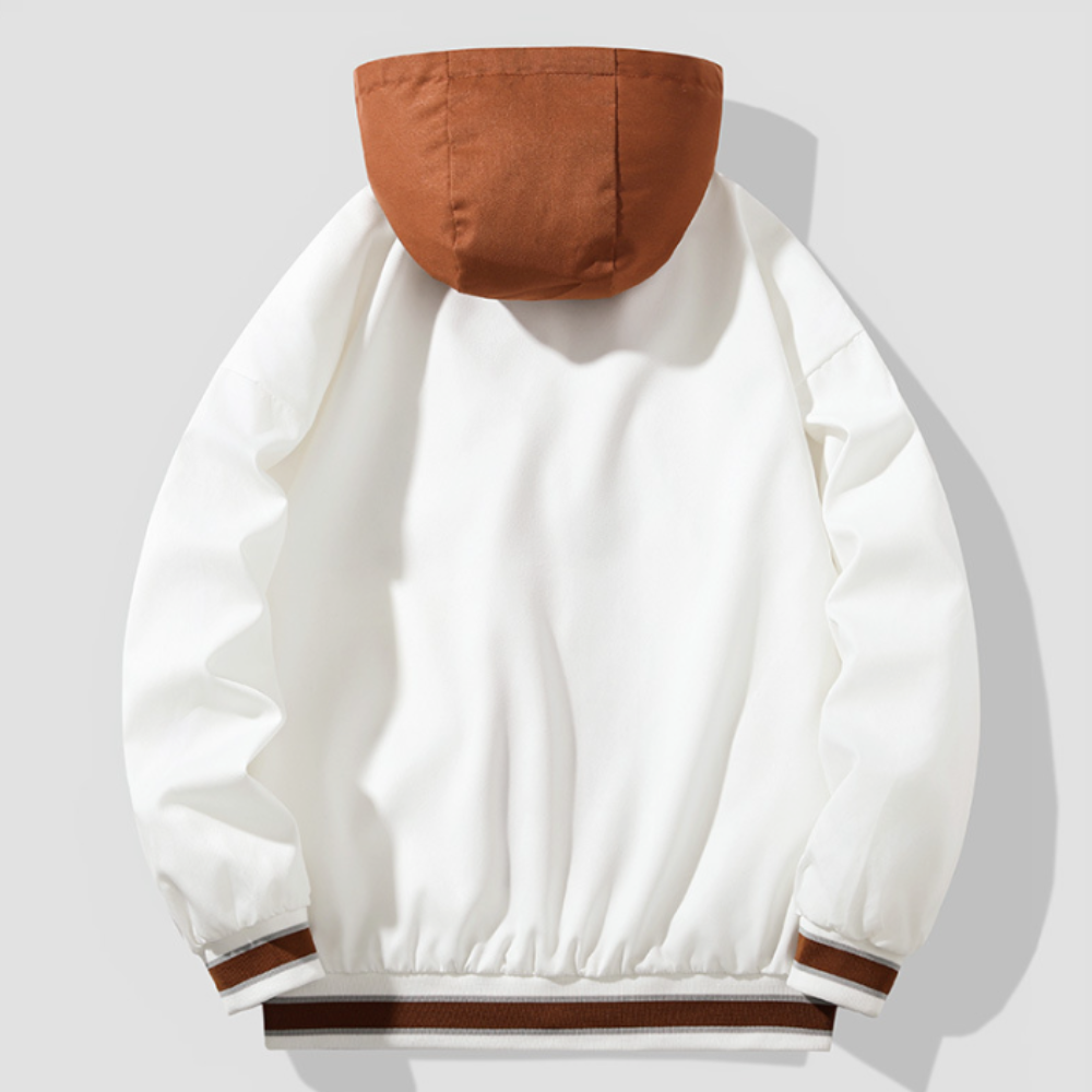 Layered Appearance Men's Baseball Jacket Featuring a Hood