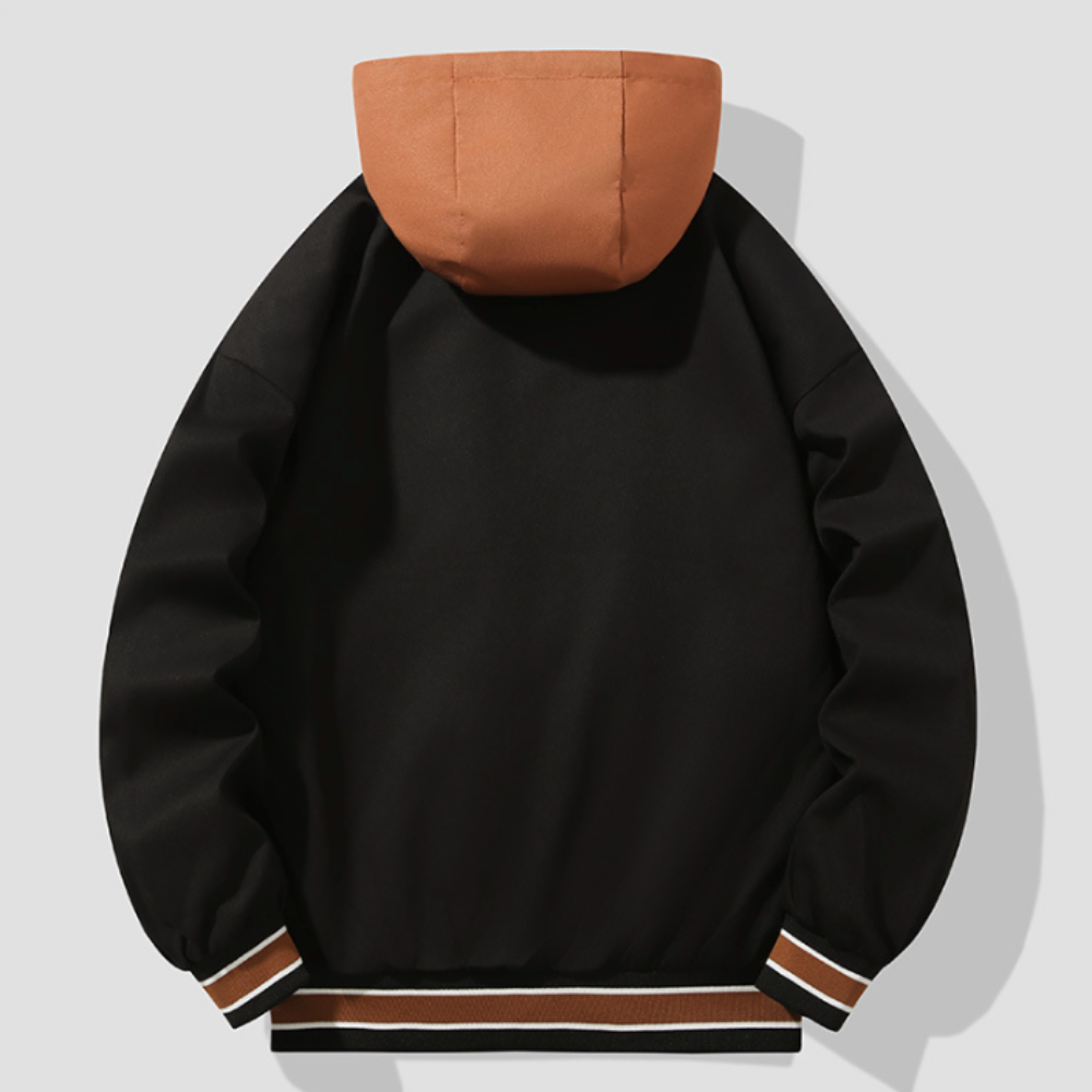Layered Appearance Men's Baseball Jacket Featuring a Hood