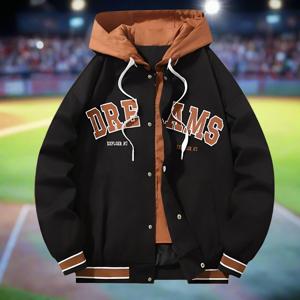 Layered Appearance Men's Baseball Jacket Featuring a Hood