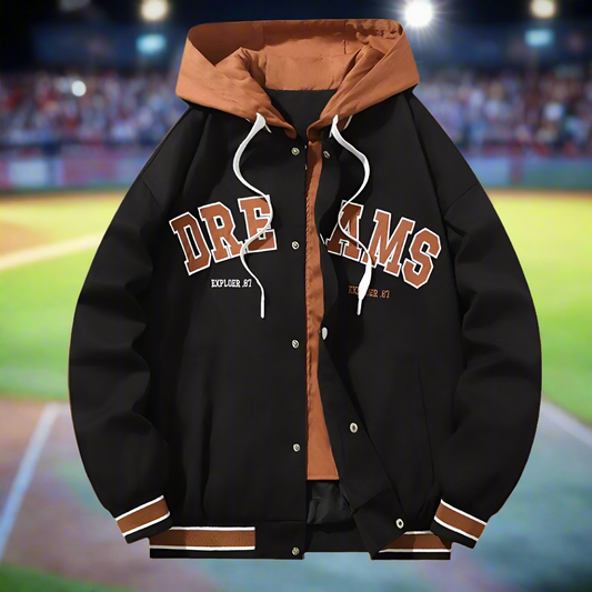 Layered Appearance Men's Baseball Jacket Featuring a Hood