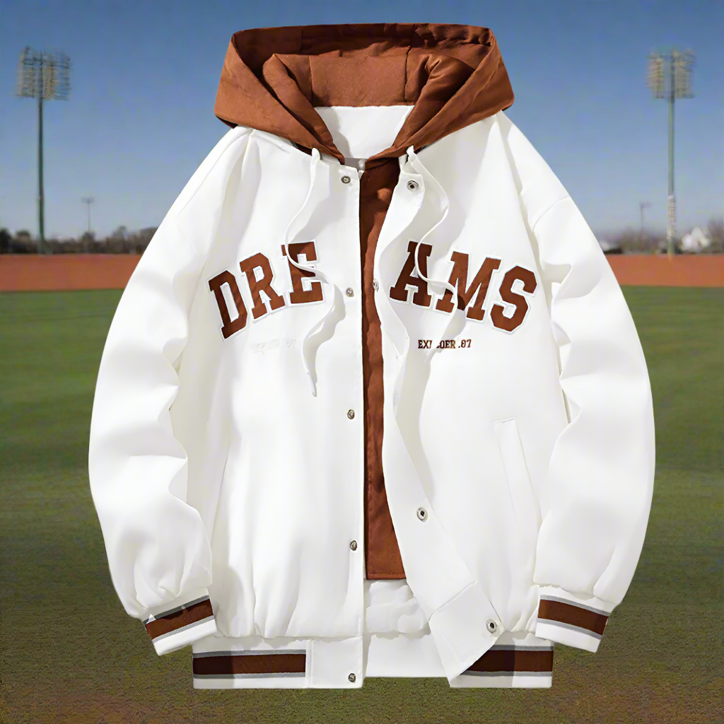 Layered Appearance Men's Baseball Jacket Featuring a Hood