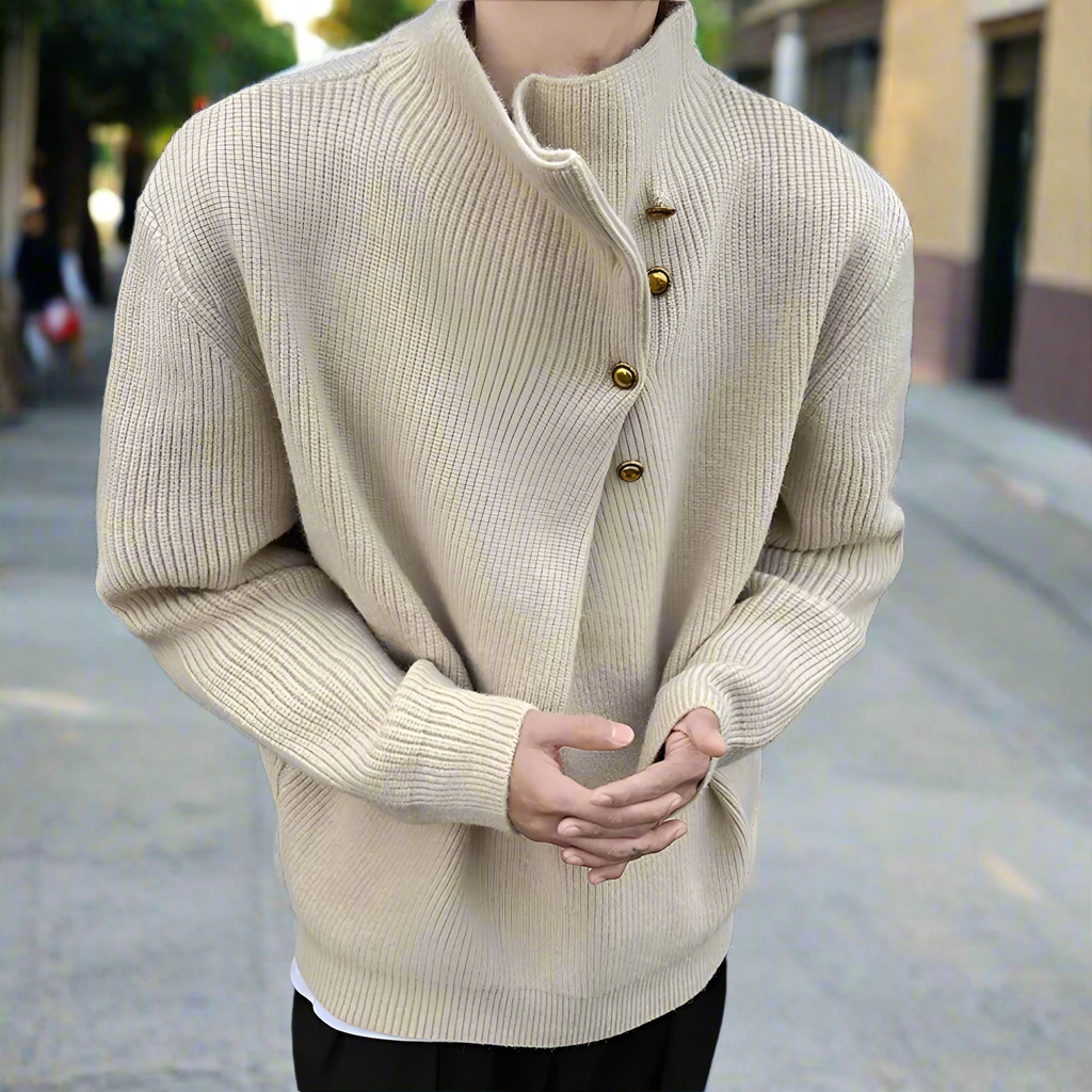 Buttoned Wrap Collar Sweater for Men with Stylish Details