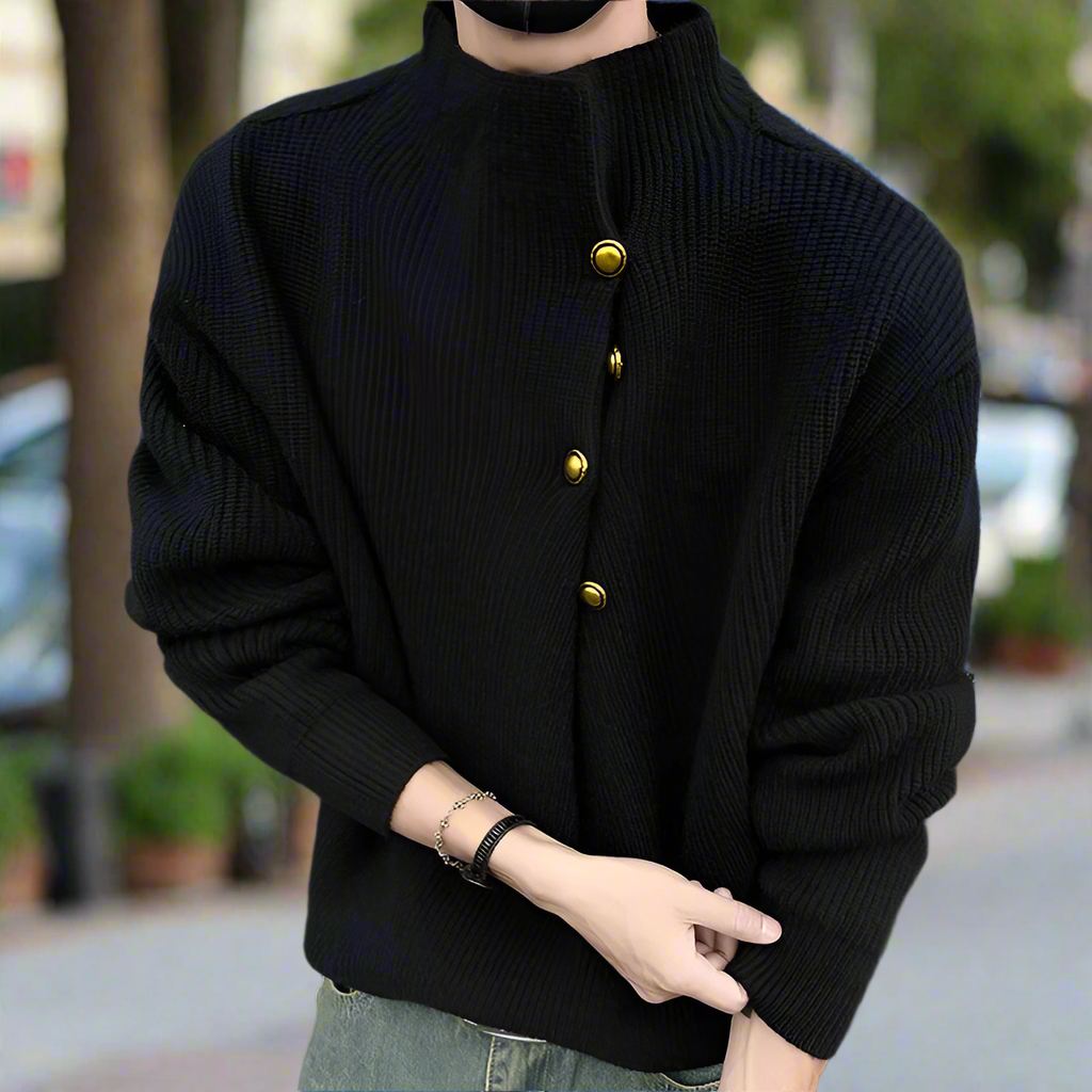 Buttoned Wrap Collar Sweater for Men with Stylish Details