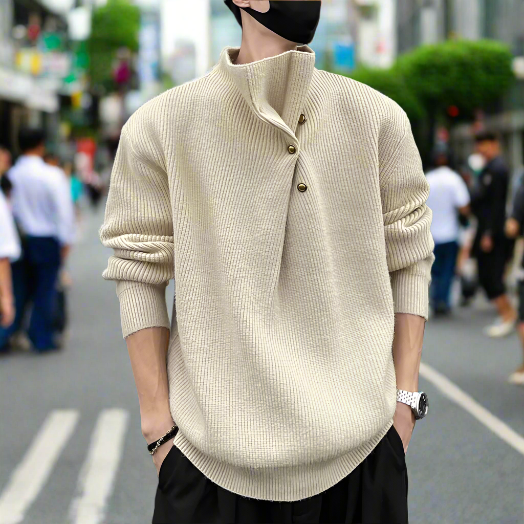 Buttoned Wrap Collar Sweater for Men with Stylish Details