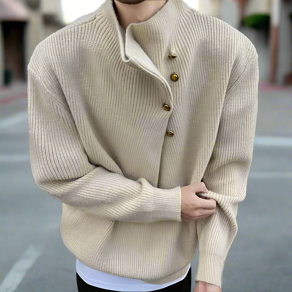 Buttoned Wrap Collar Sweater for Men with Stylish Details