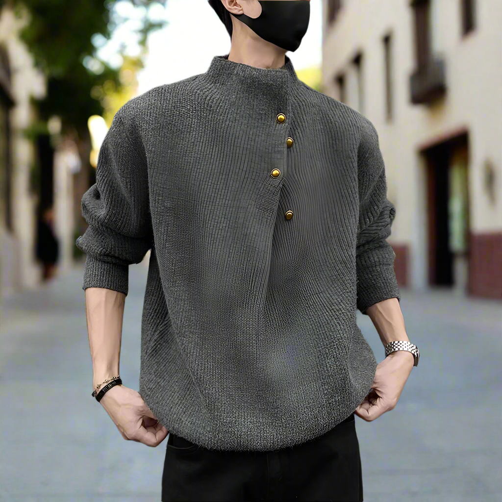 Buttoned Wrap Collar Sweater for Men with Stylish Details