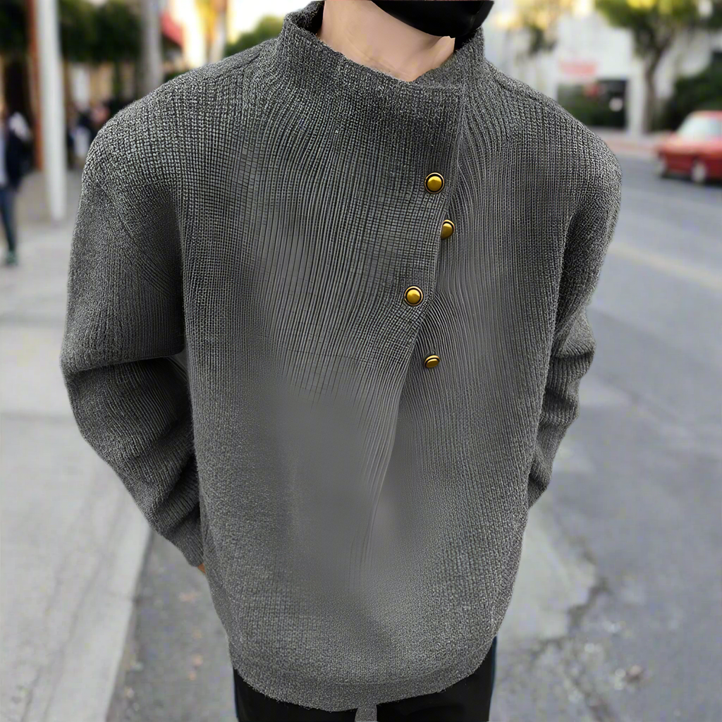 Buttoned Wrap Collar Sweater for Men with Stylish Details