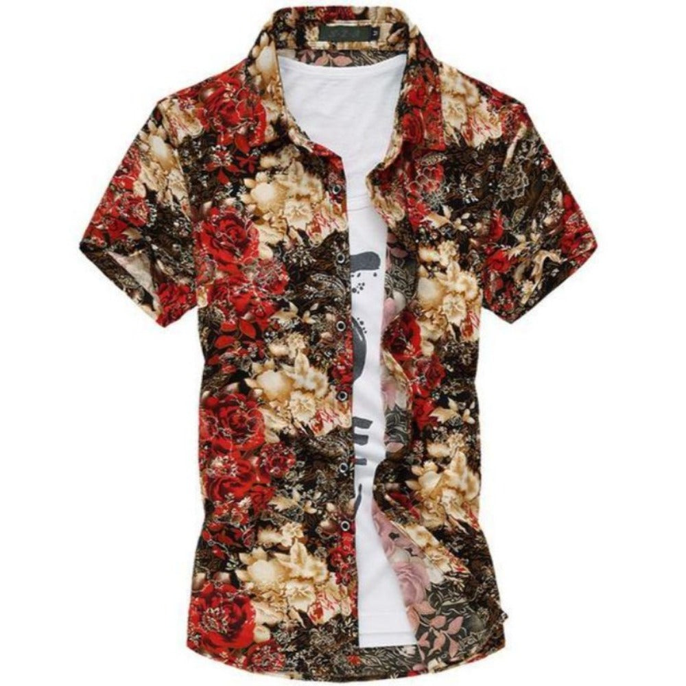 Red Floral Short Sleeve Shirt for Men