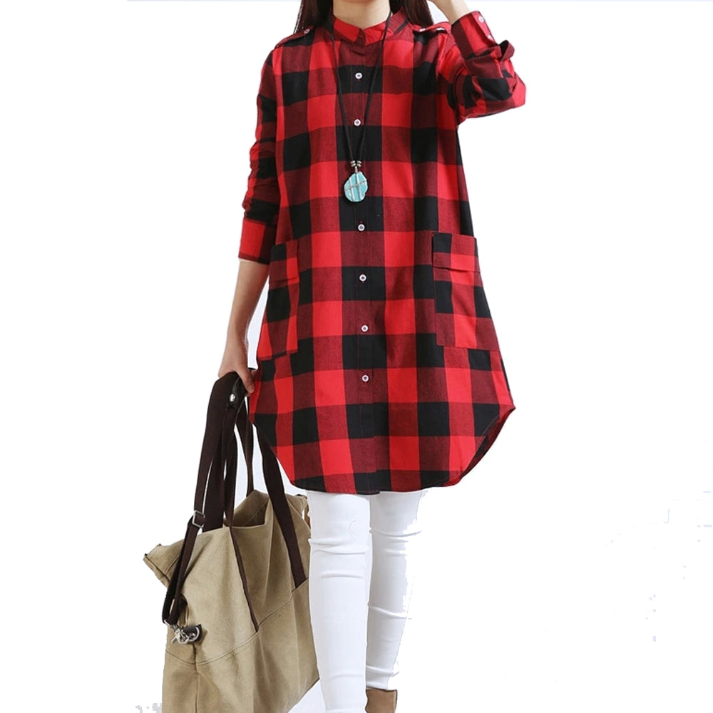 Long Checkered Women's Shirt featuring Pockets