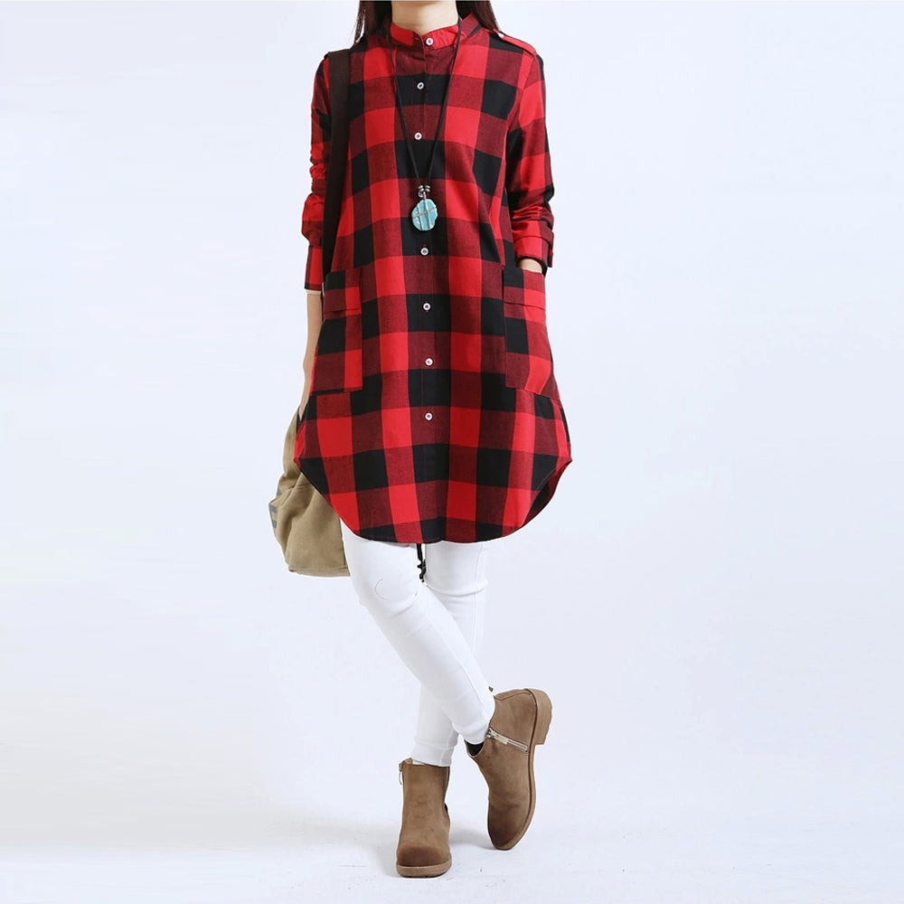 Long Checkered Women's Shirt featuring Pockets