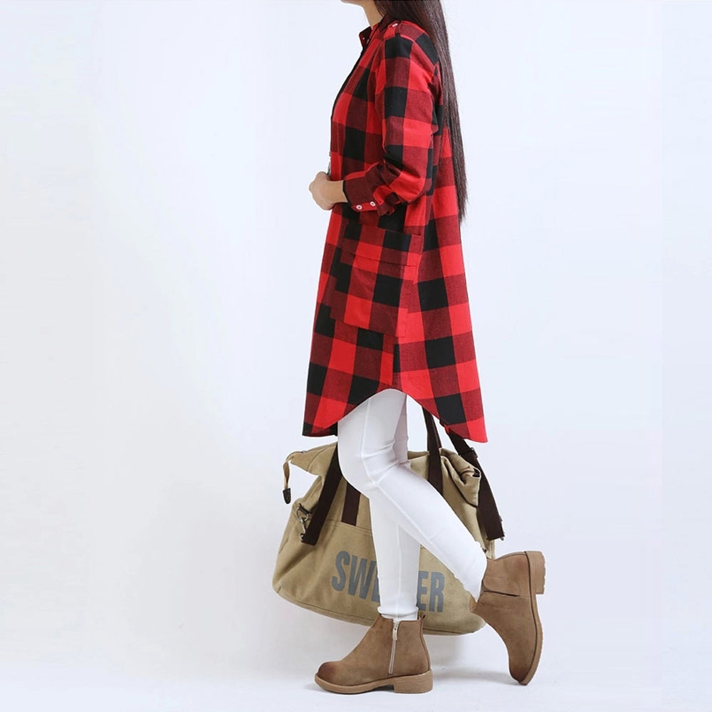 Long Checkered Women's Shirt featuring Pockets