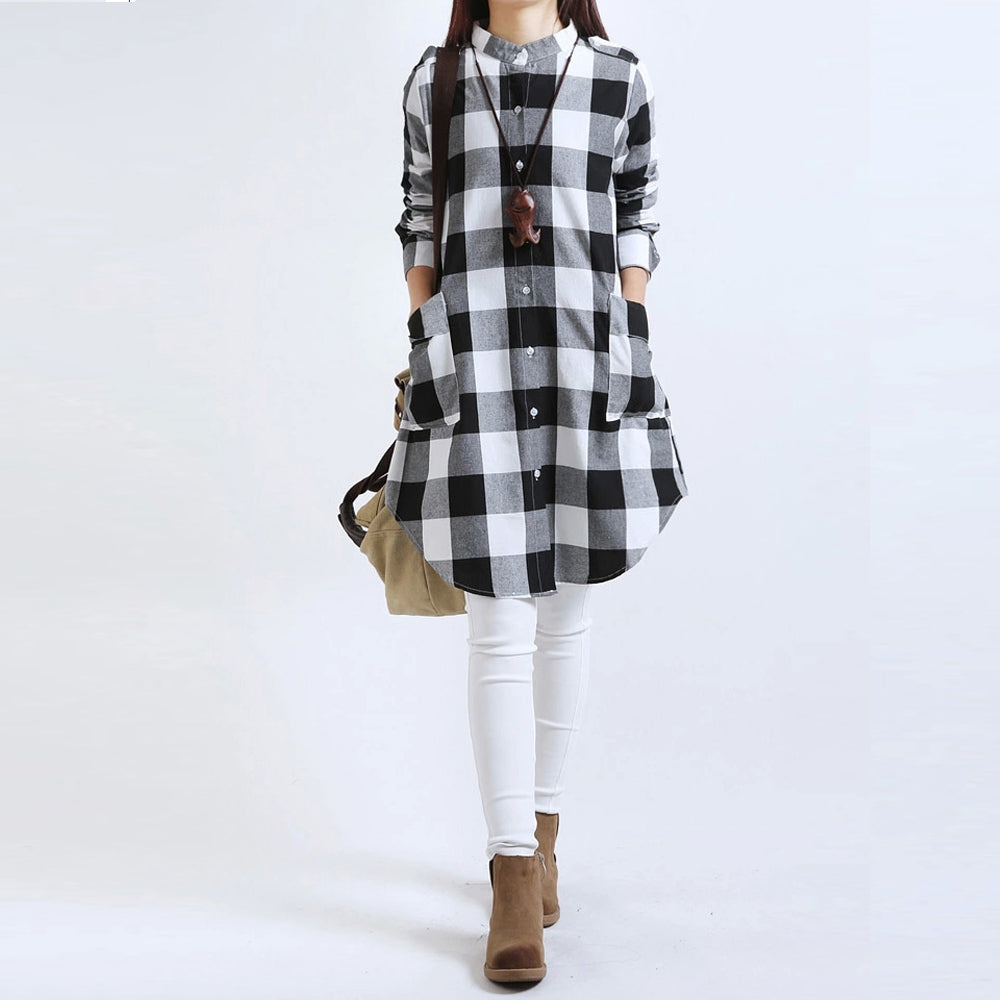 Long Checkered Women's Shirt featuring Pockets