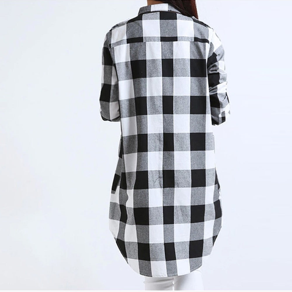 Long Checkered Women's Shirt featuring Pockets