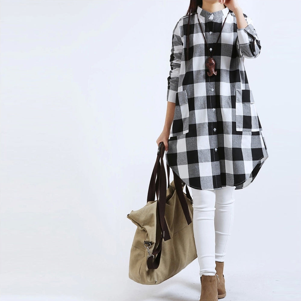Long Checkered Women's Shirt featuring Pockets