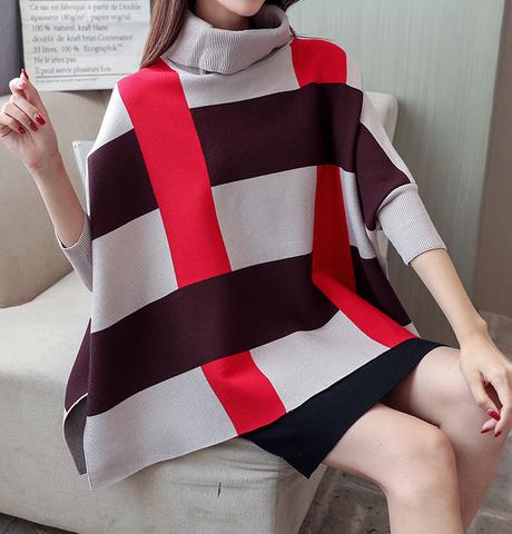 Red Striped Women's Checkered Sweater Cape