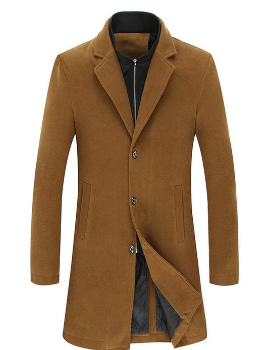 Mens Brown Classic Mid Length Wool Blend Coat with Dual Collar