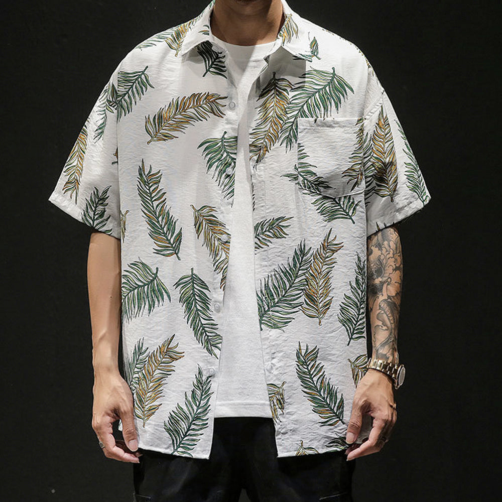 Oversized Tropical Leaf Print Men's Hawaiian Shirt