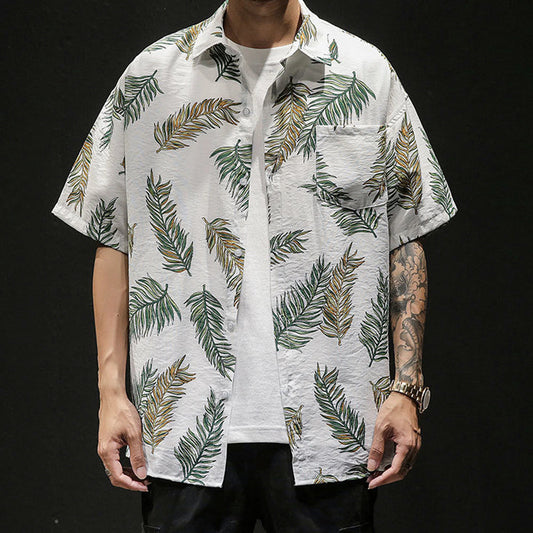 Oversized Tropical Leaf Print Men's Hawaiian Shirt