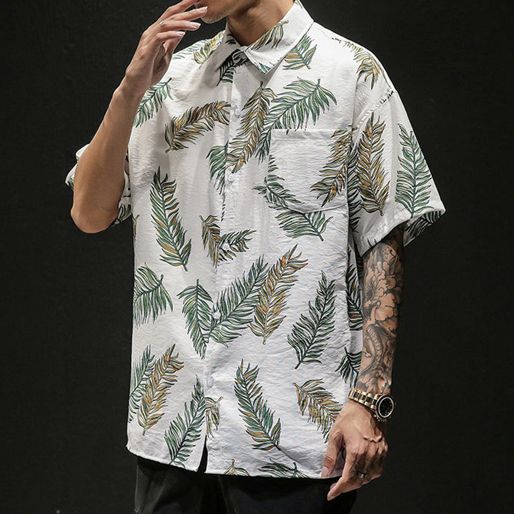 Oversized Tropical Leaf Print Men's Hawaiian Shirt