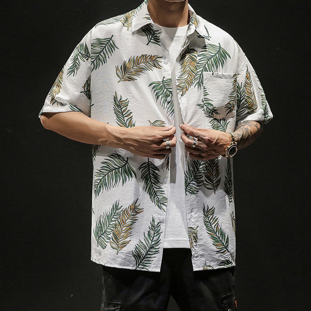 Oversized Tropical Leaf Print Men's Hawaiian Shirt