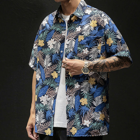Yellow Hibiscus Print Short Sleeve Oversized Men's Hawaiian Shirt