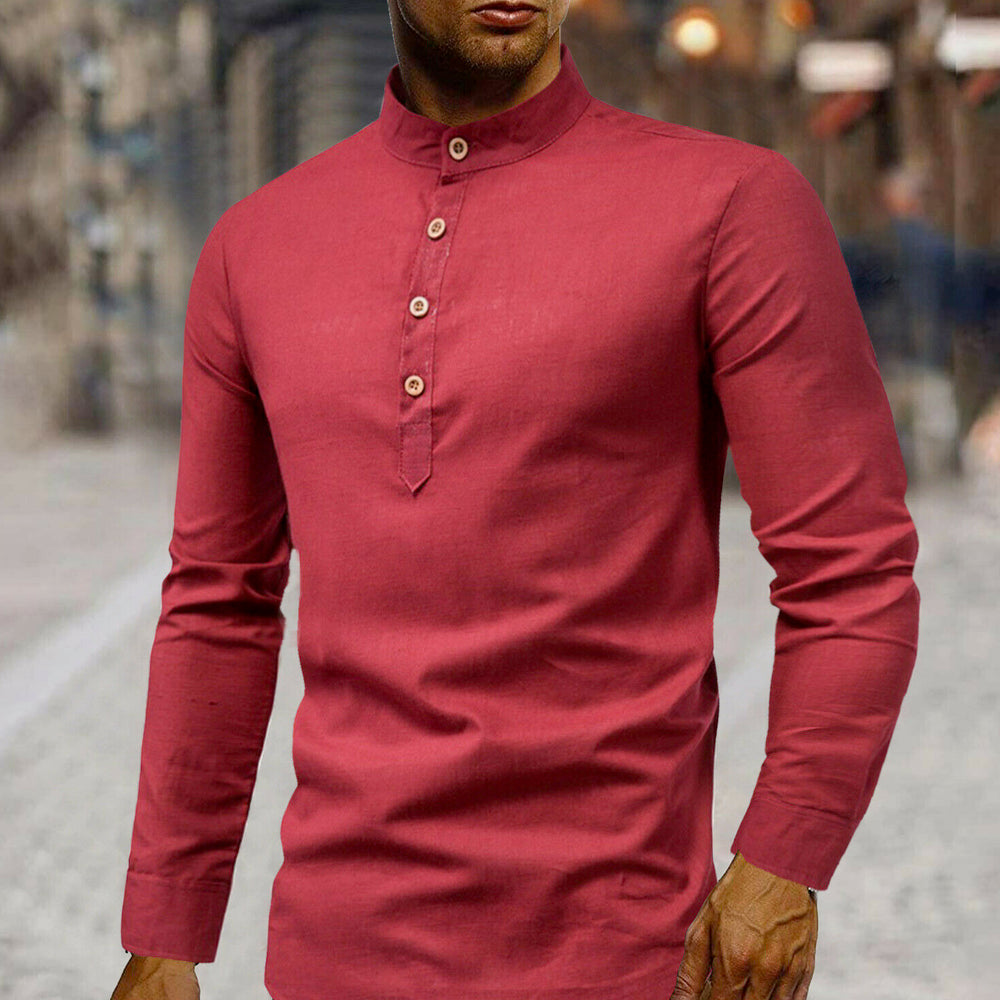 Linen Half-Button Round Neck Men's Shirt