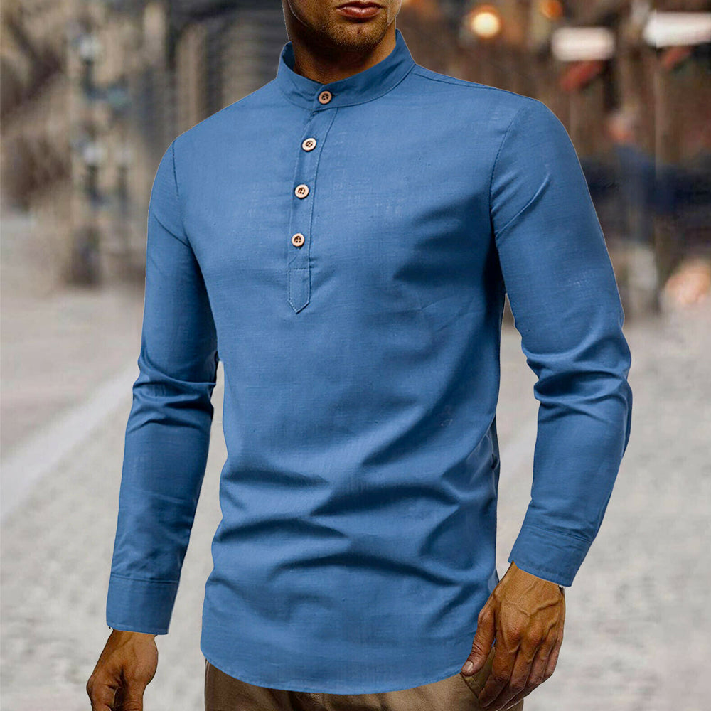 Linen Half-Button Round Neck Men's Shirt