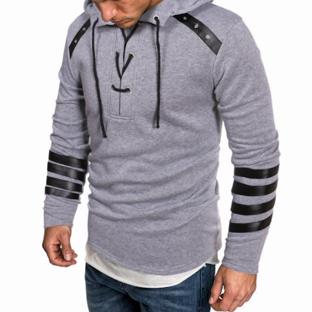 Pullover Hoodie for Men with Faux Leather Accents and Lace-Up Design