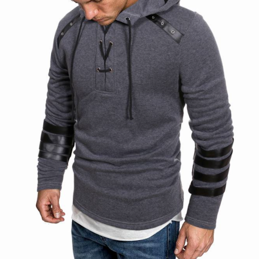 Pullover Hoodie for Men with Faux Leather Accents and Lace-Up Design