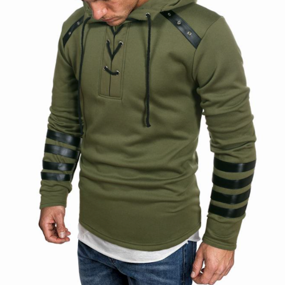 Pullover Hoodie for Men with Faux Leather Accents and Lace-Up Design