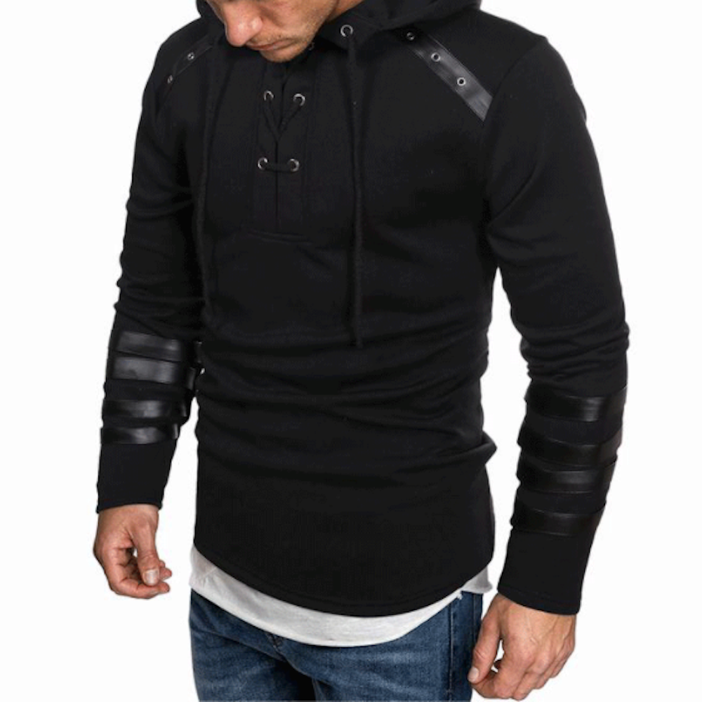 Pullover Hoodie for Men with Faux Leather Accents and Lace-Up Design