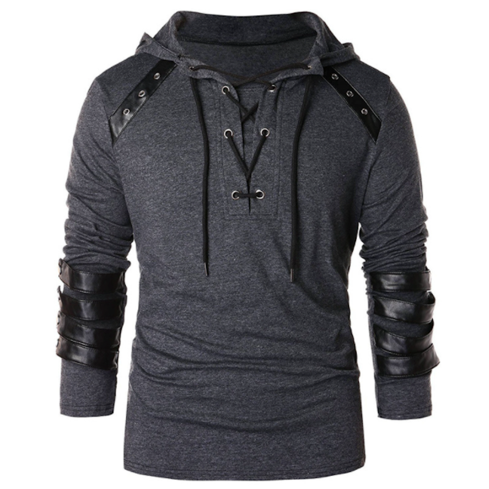 Pullover Hoodie for Men with Faux Leather Accents and Lace-Up Design
