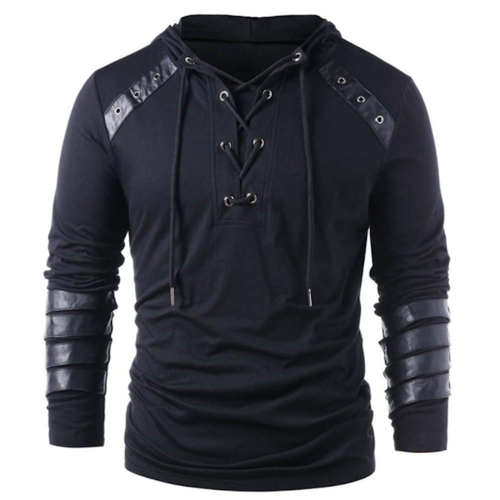 Pullover Hoodie for Men with Faux Leather Accents and Lace-Up Design