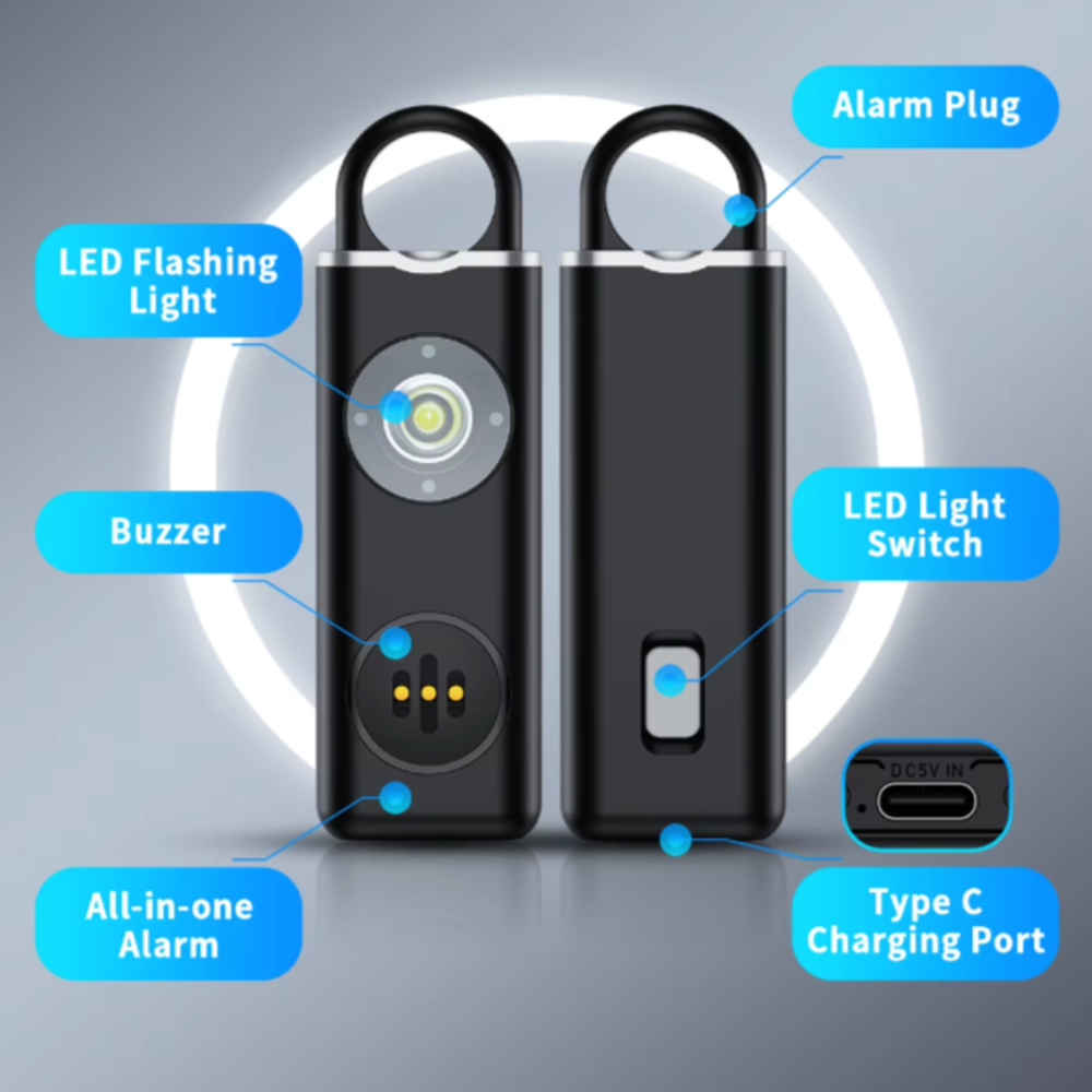 Personal Safety Keychain with Rechargeable Alarm and Flashlight