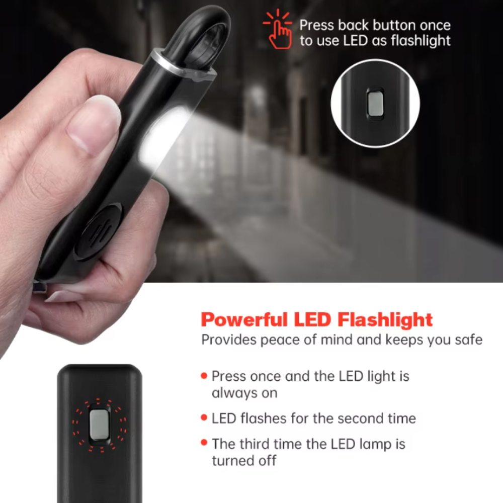 Personal Safety Keychain with Rechargeable Alarm and Flashlight